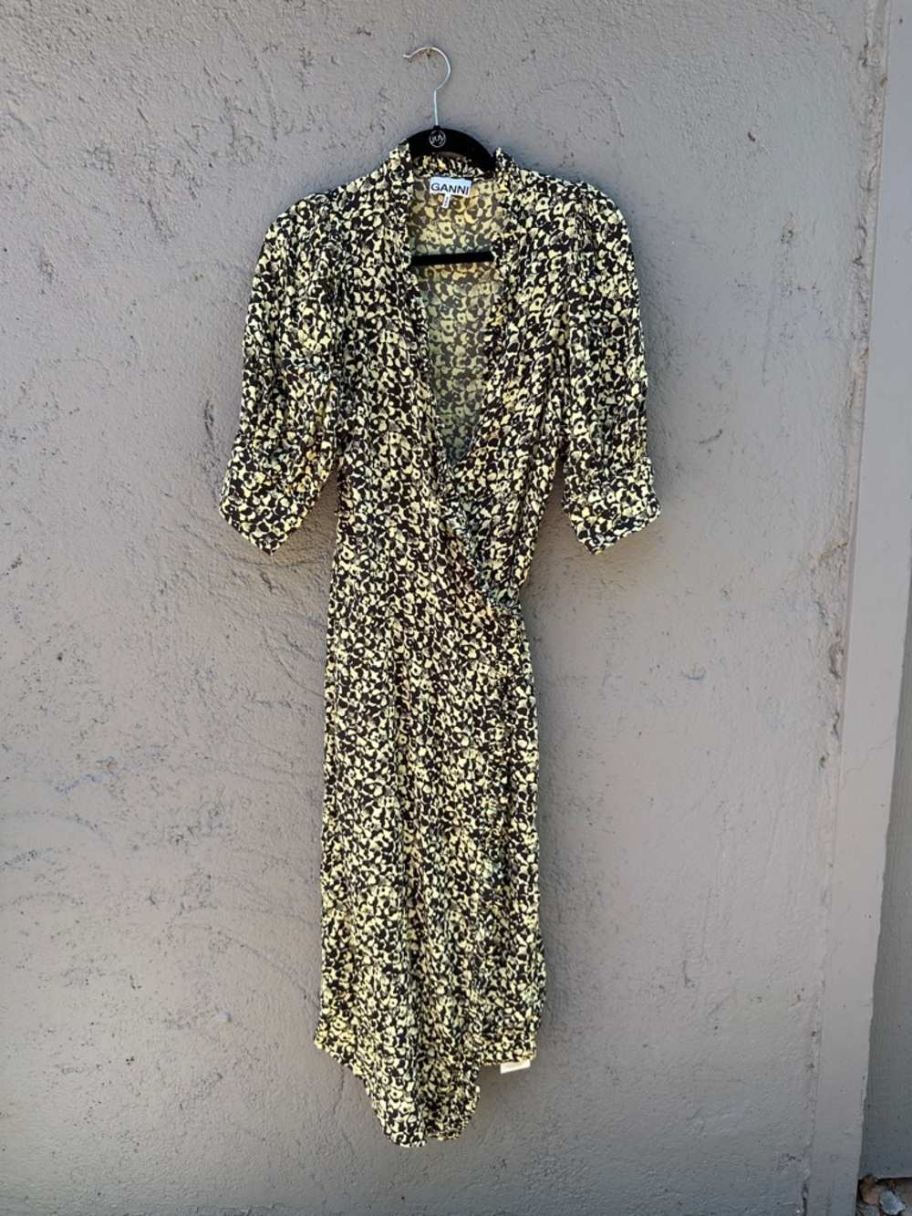 Ganni Black and Yellow Floral Midi Wrap Dress size 42